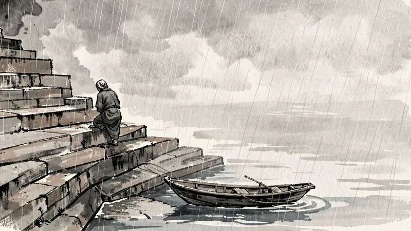 বৃষ্টিভেজা ধূসর দিনে নদীর ঘাটের সিঁড়িতে মাথা নিচু করে একা বসে থাকা একজন মানুষ, নিচে বাঁধা একটি খালি নৌকা