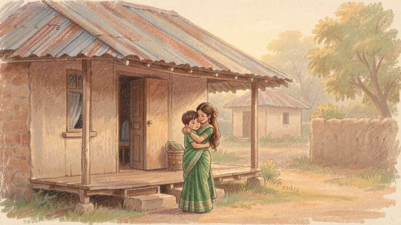 টিনের চালের গ্রামের ঘরের বারান্দার সামনে সবুজ শাড়ি পরা এক নারী ছোট ছেলেকে জড়িয়ে ধরেছেন