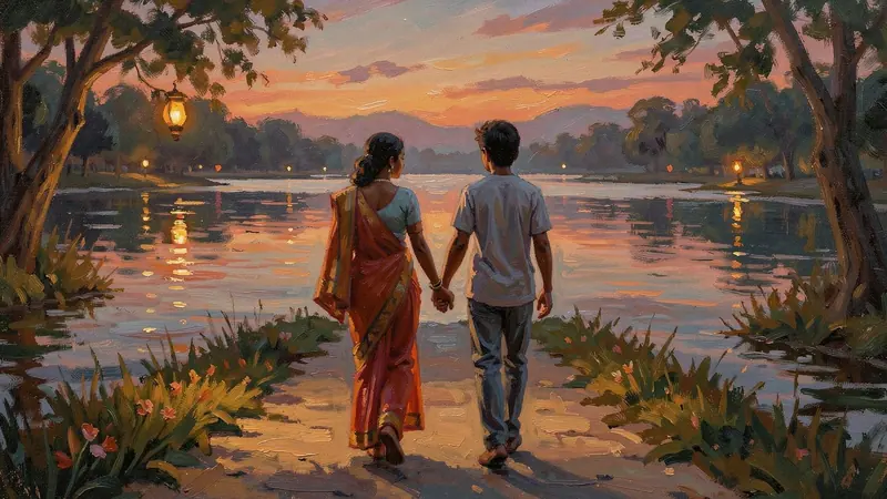 সন্ধ্যায় আলো জ্বলা লেকের পাড়ের পথ ধরে হাত ধরে হেঁটে যাওয়া শাড়ি পরা এক তরুণী আর এক তরুণ, পেছন থেকে দেখা