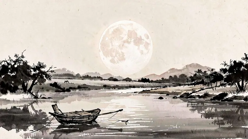 নদীর উপর পূর্ণিমার চাঁদ, পানিতে ভাসছে একটি নৌকা