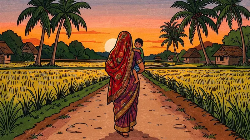সন্ধ্যায় ধানখেতের মাঝের মেঠোপথ ধরে শিশুকে কোলে নিয়ে হেঁটে যাওয়া শাড়ি পরা এক মা, পেছন থেকে দেখা