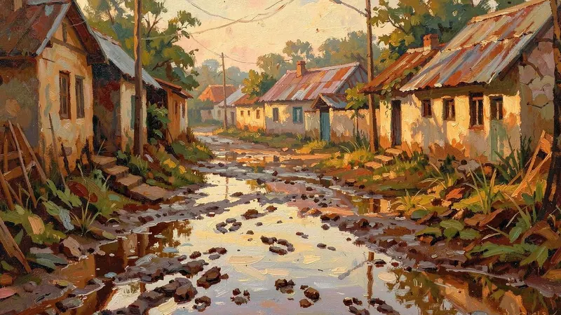 বর্ষার বৃষ্টির পর গ্রামের কাদাভরা পথে জমে থাকা পানি আর পায়ের ছাপ, দুই পাশে টিনের চালের ঘর
