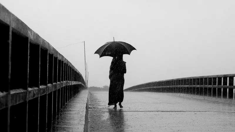 বৃষ্টিভেজা সেতুর ওপর কালো ছাতা মাথায় একা হেঁটে যাওয়া একজনের ছায়ামূর্তি